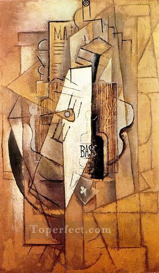 Bottle of Bass guitar ace of clubs 1912 Pablo Picasso Oil Paintings